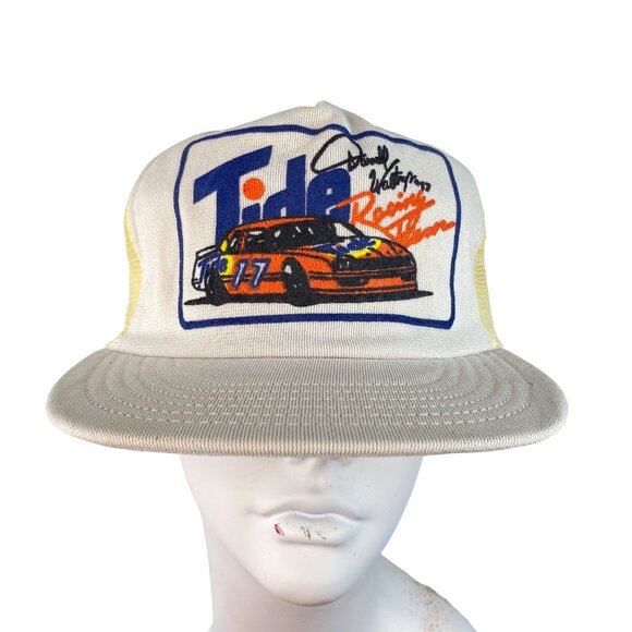 Vintage Darrel Waltrip Trucker Hat Cap Snapback USA Tide Racing Puffy Print Mesh - Picture 1 of 10